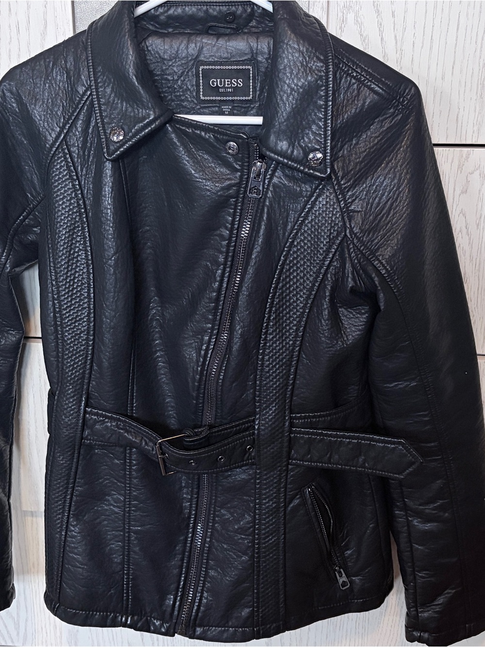 GUESS Black Faux Leather Belted Moto Jacket